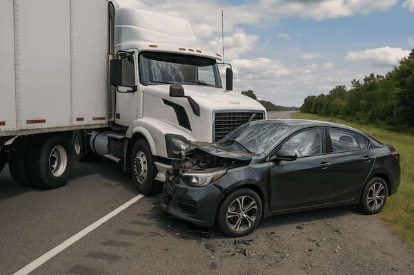 A large truck collided with a passenger car on a busy highway, demonstrating the severe impact of Truck Accidents Spike in June.